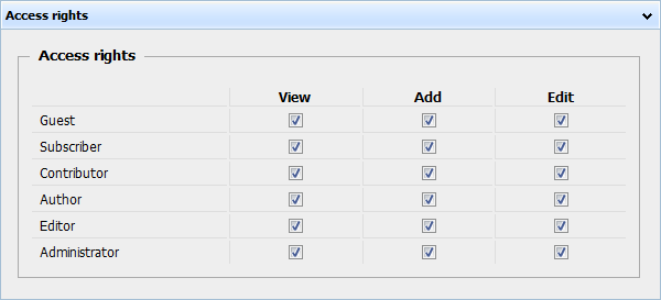 Event calendar plugin - Access rights panel Event calendar plugin - Access rights panel