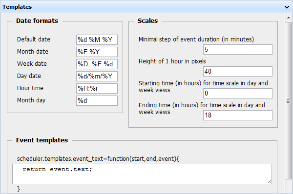 Event calendar plugin - Templates panel Event calendar plugin - Templates panel