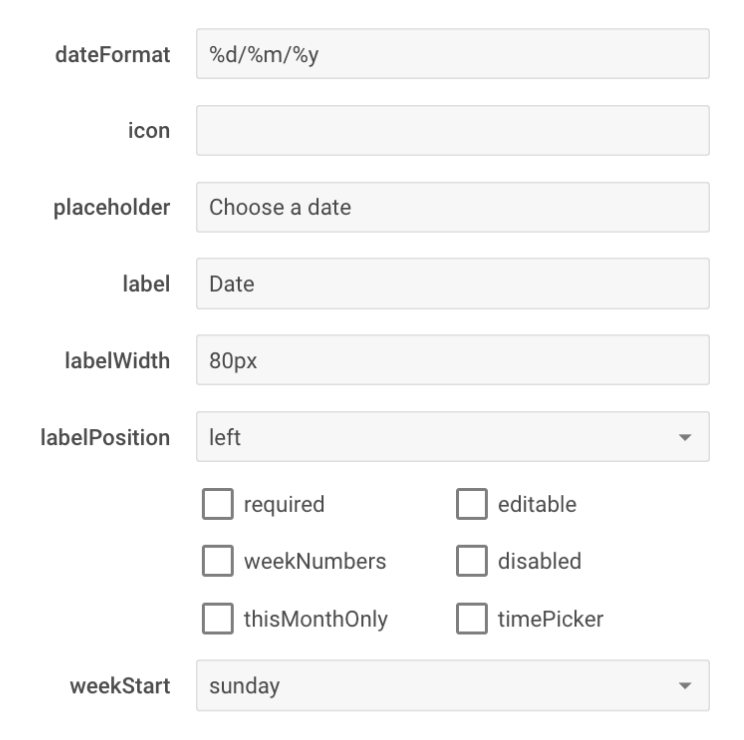 JS form with a variety of input fields and controls