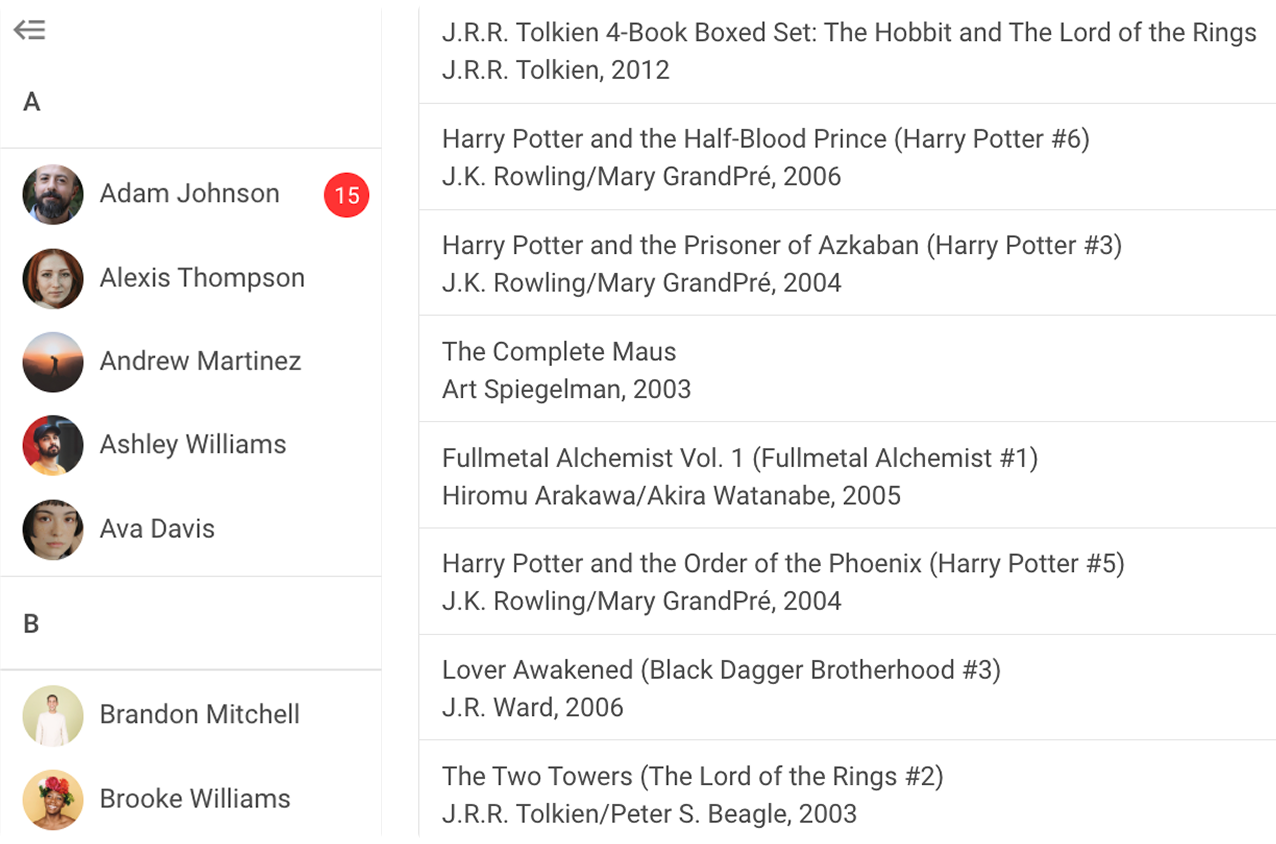 JS lists with books and people