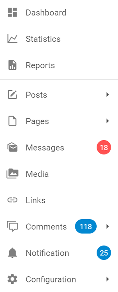 Dashboard sidebar with a list of menu items