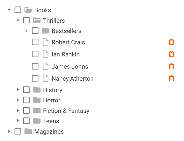 JS tree widget with a list of books and delete icons